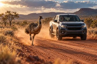 An emu running fast on a dusty dirt road next to a Holden Colorado pickup truck in the Australian outback