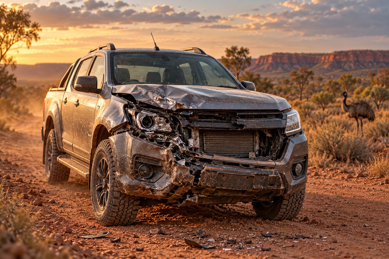 Damaged Holden Colorado pickup truck parked on a red dirt outback road with an emu standing nearby in the background