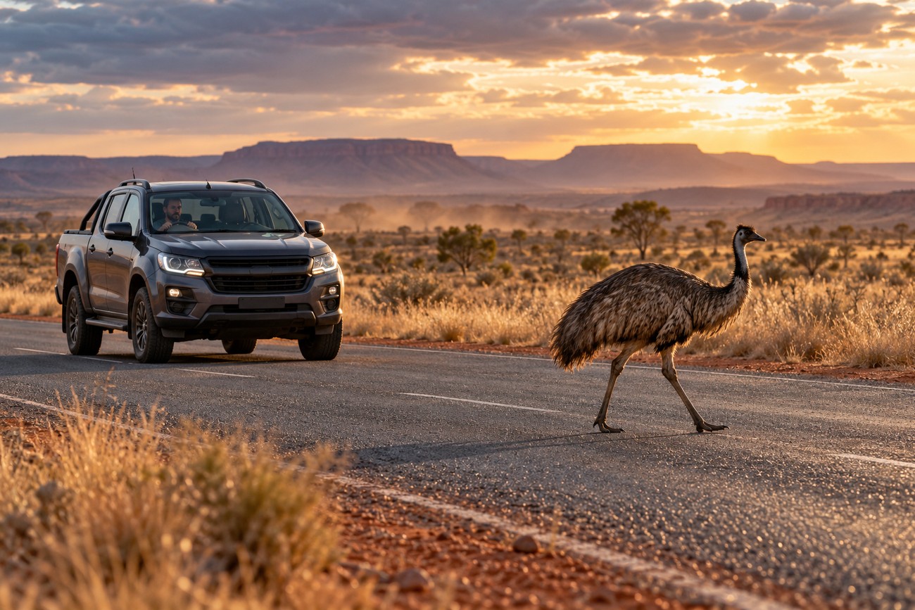 An emu running across a desert road next to a Holden Colorado pickup truck at sunset