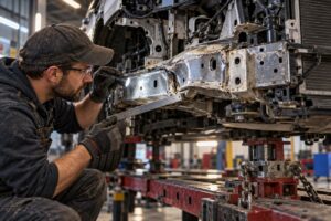 Mechanic wearing safety glasses and gloves uses a flashlight and a ruler to inspect damaged frame rail of a car on a frame machine