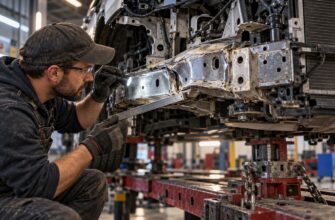 Mechanic wearing safety glasses and gloves uses a flashlight and a ruler to inspect damaged frame rail of a car on a frame machine