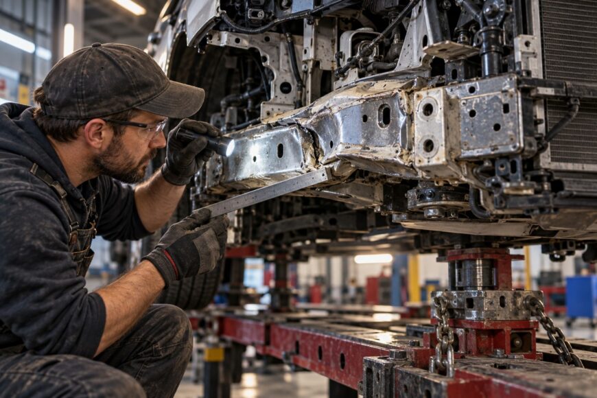 Mechanic wearing safety glasses and gloves uses a flashlight and a ruler to inspect damaged frame rail of a car on a frame machine