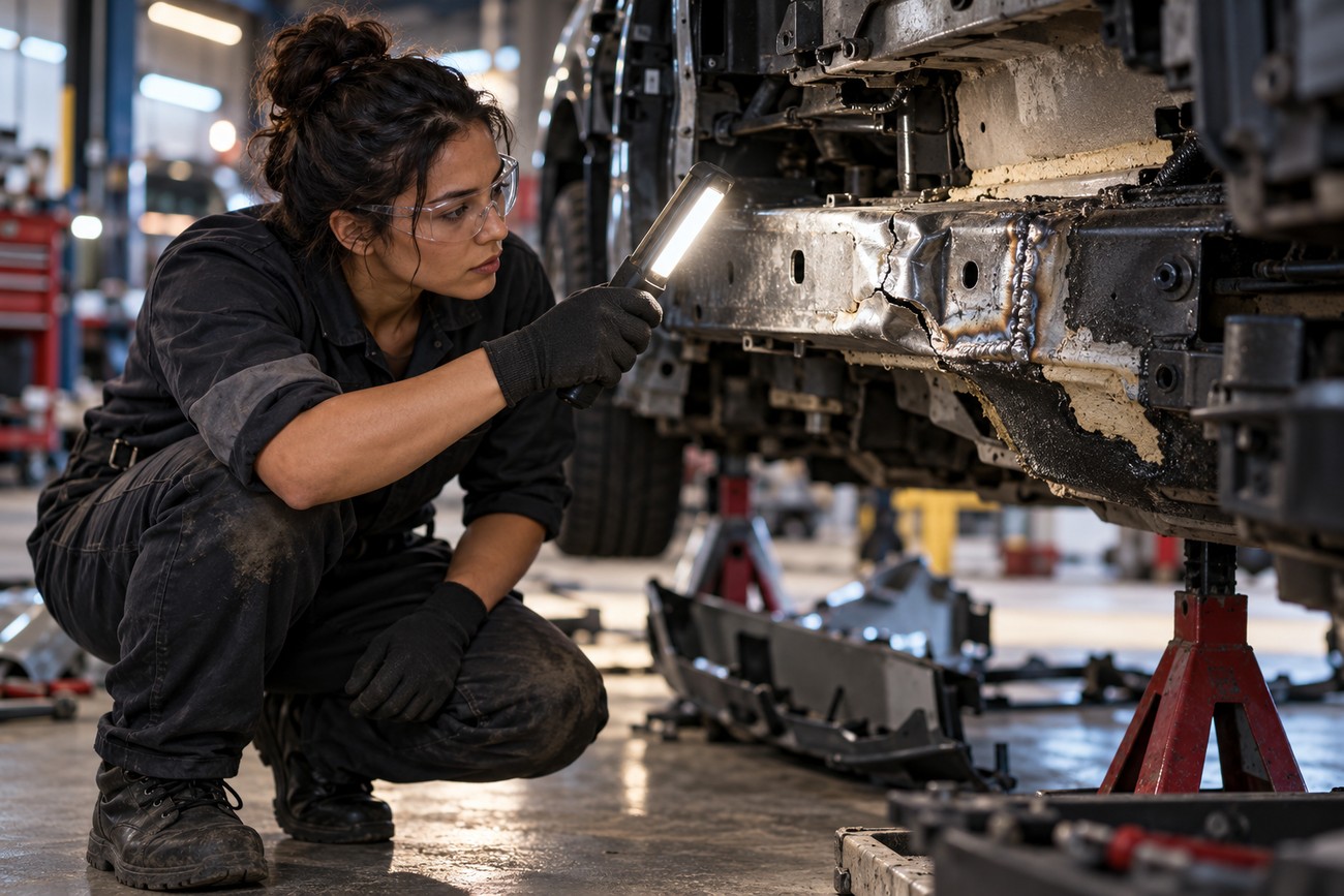 Female mechanic wearing safety glasses and gloves inspecting frame rail damage with an LED work light in an auto repair shop