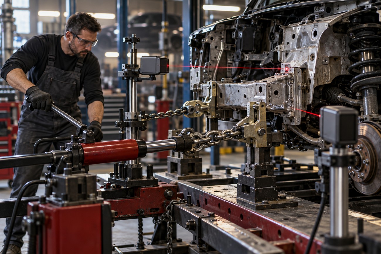 Mechanic operating a hydraulic frame straightening machine with laser alignment tools on a vehicle frame rail
