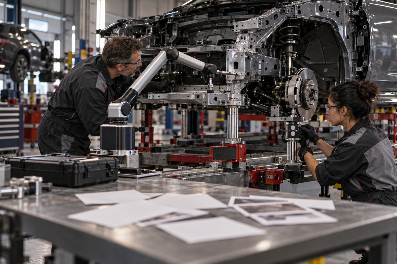 Two mechanics in safety glasses inspecting and measuring vehicle frame rail structure in a workshop