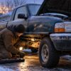 Mechanic kneeling in the snow with a work light inspecting the undercarriage of an old Ford Ranger truck