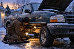 Mechanic kneeling in the snow with a work light inspecting the undercarriage of an old Ford Ranger truck