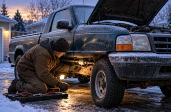 Mechanic kneeling in the snow with a work light inspecting the undercarriage of an old Ford Ranger truck