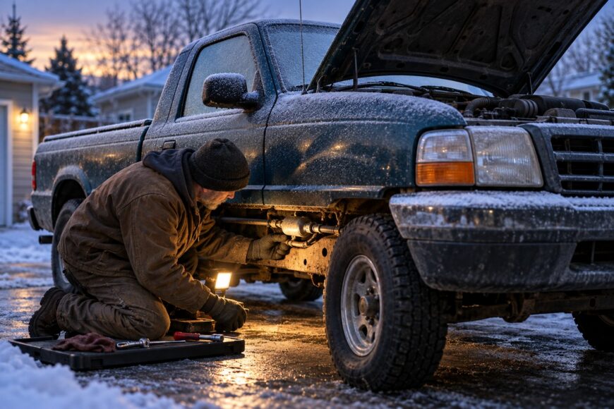 Mechanic kneeling in the snow with a work light inspecting the undercarriage of an old Ford Ranger truck