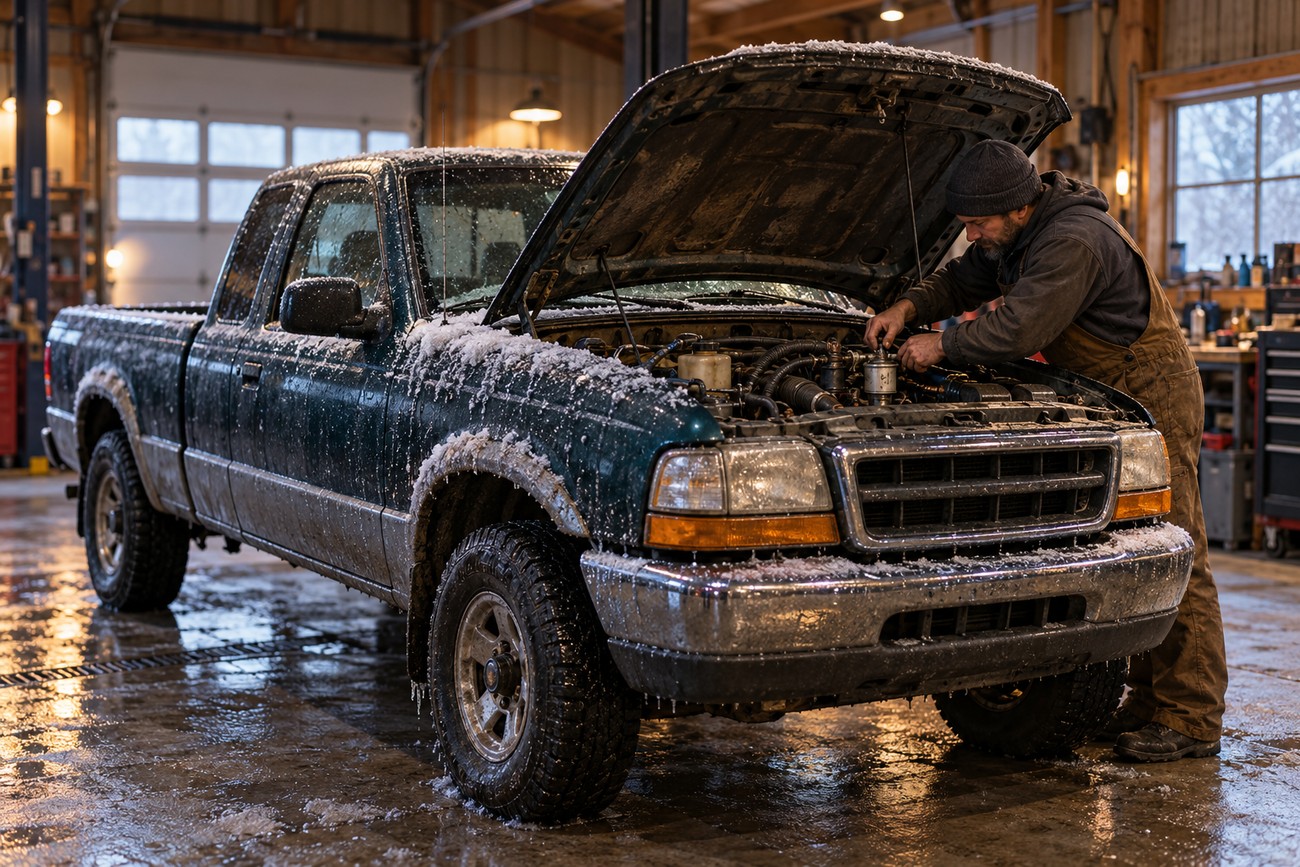 A mechanic in coveralls inspecting the engine under the open hood of a snow-covered old Ford Ranger inside a garage