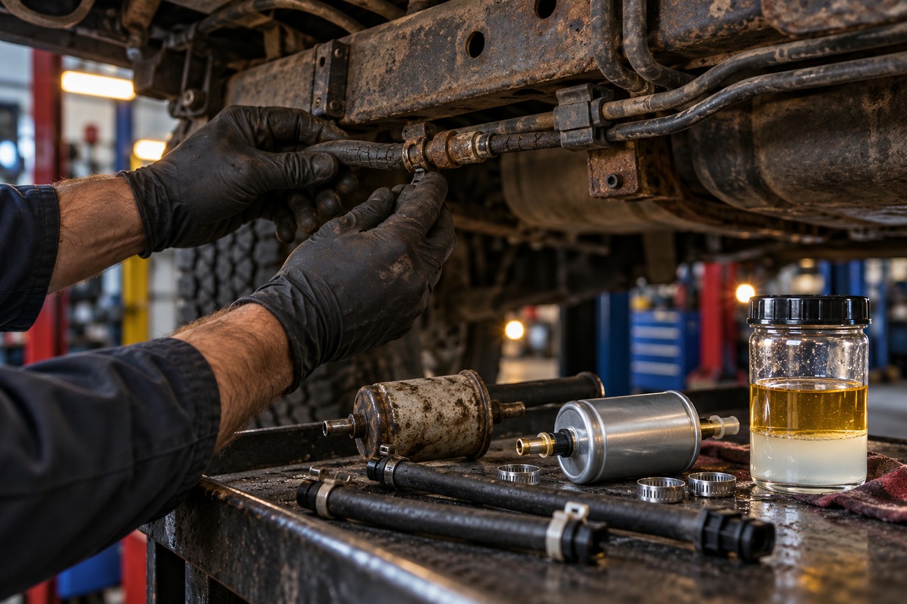 Mechanic wearing black gloves inspecting the fuel line and components underneath an old Ford Ranger truck
