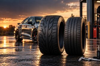 Two performance budget tires standing on wet asphalt outside a garage with a sports car at sunset