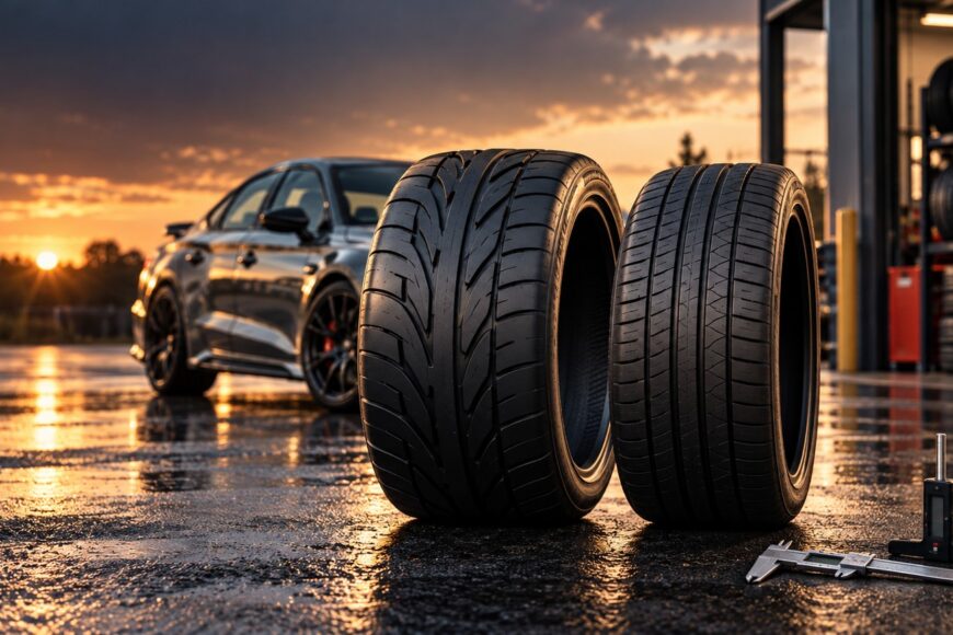 Two performance budget tires standing on wet asphalt outside a garage with a sports car at sunset
