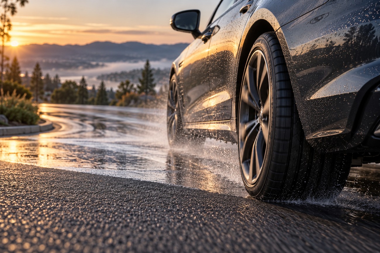 A black performance car driving on a wet winding road at sunset, splashing water from its tires