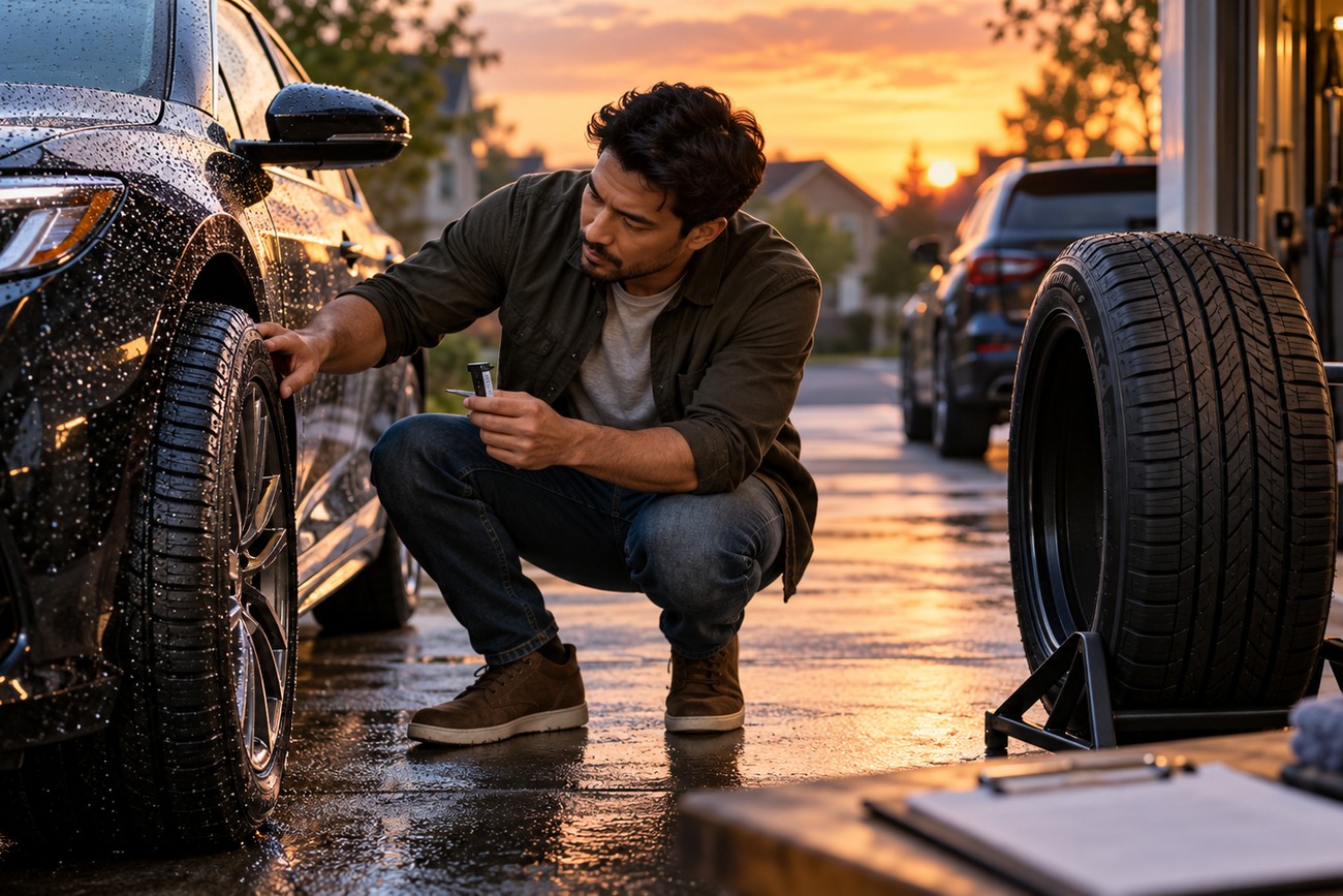 A man crouching beside a wet car inspecting the tread of a budget performance tire with another tire standing on a rack nearby