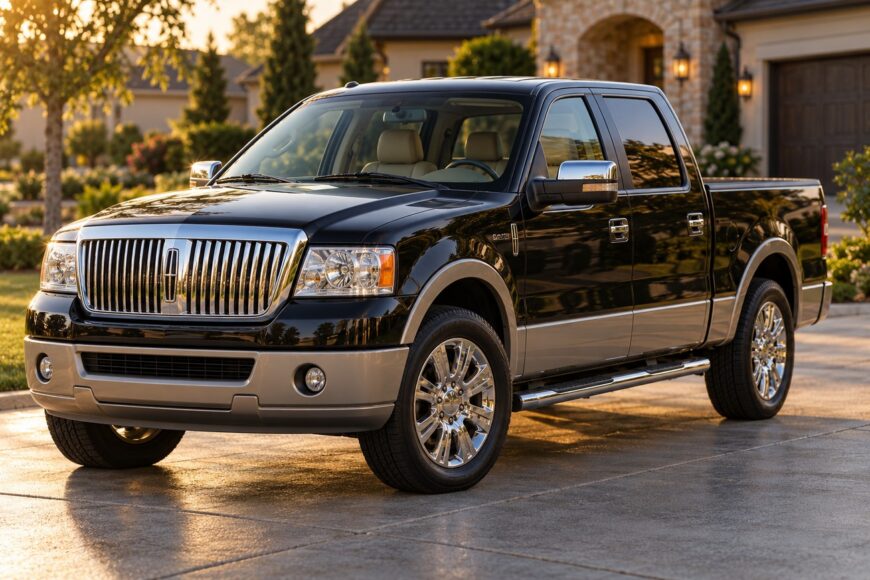 Black Lincoln Mark LT luxury pickup truck parked on a paved driveway with chrome grille and wheels