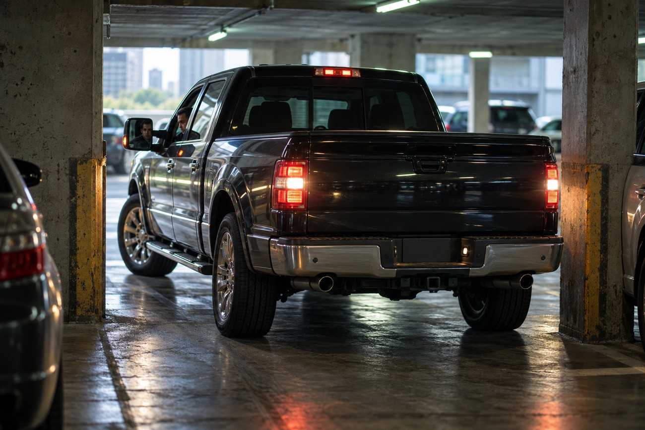Dark Lincoln Mark LT luxury pickup truck parked inside a concrete underground parking garage