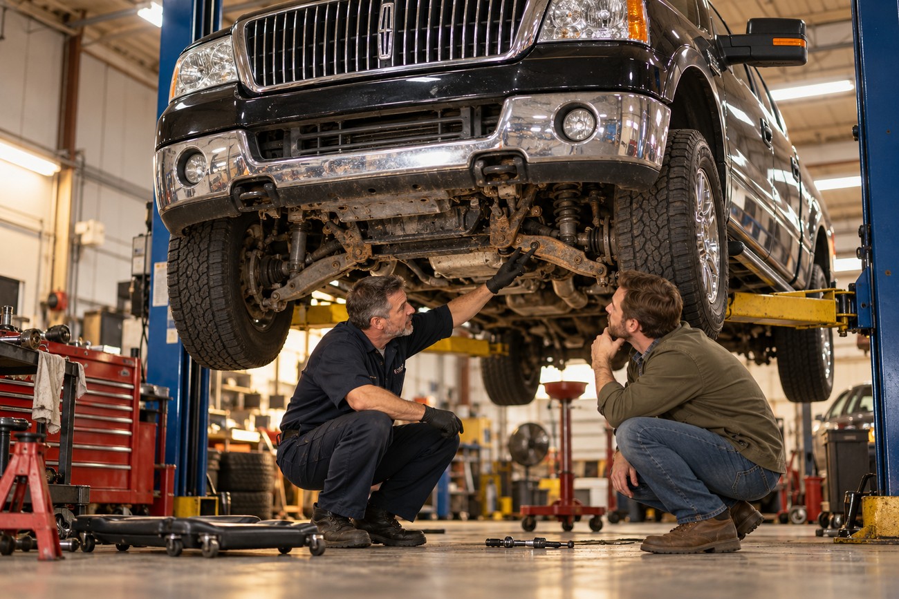 Mechanic pointing at the suspension undercarriage of a Lincoln Mark LT truck lifted in a repair shop while a customer looks on