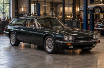 Dark green Lynx Eventer shooting brake parked on a concrete floor inside a vintage car workshop