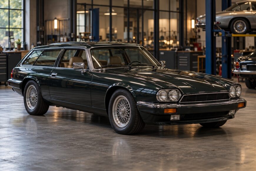 Dark green Lynx Eventer shooting brake parked on a concrete floor inside a vintage car workshop