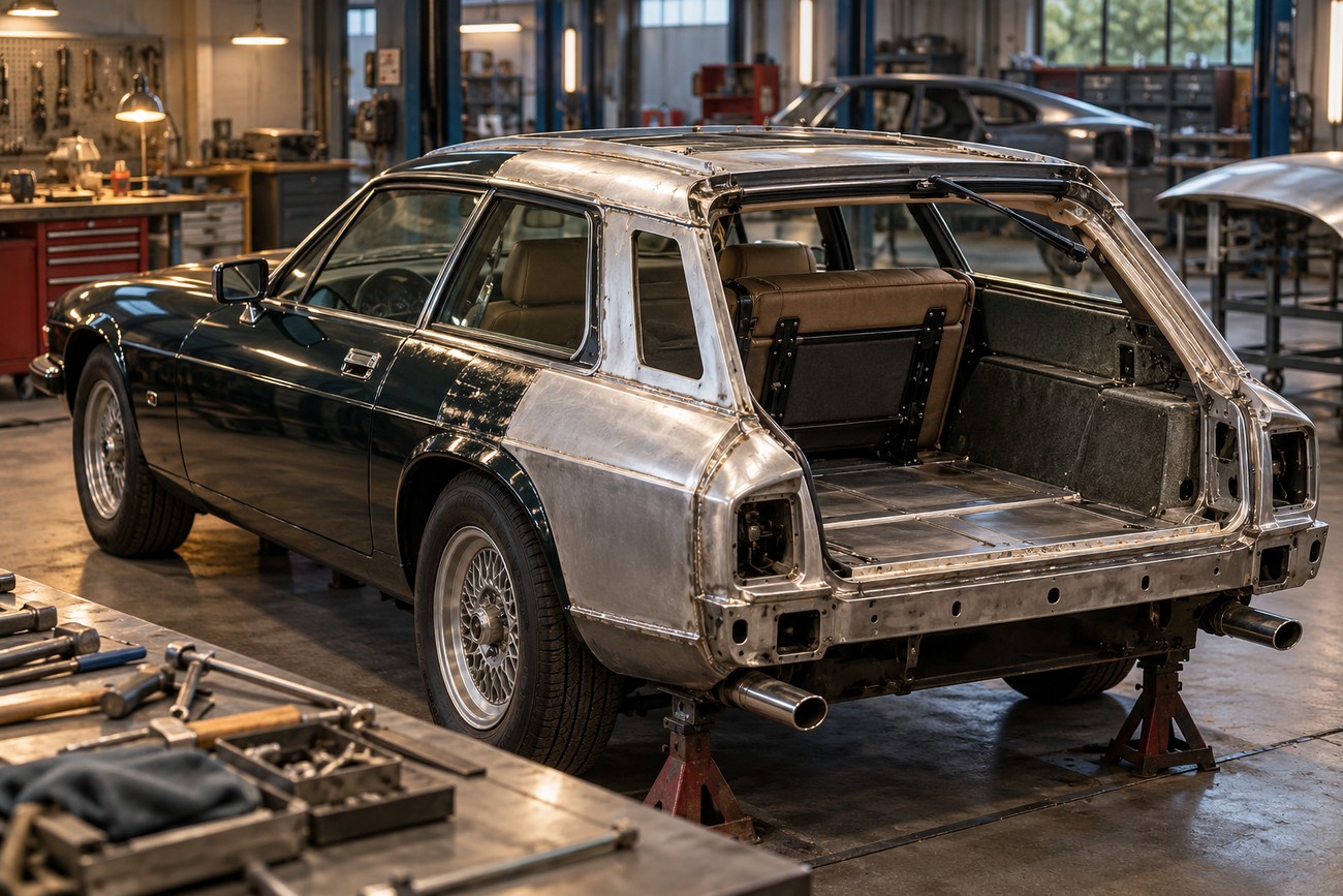A classic Jaguar XJS undergoing a custom shooting brake conversion in a workshop with exposed metal rear bodywork