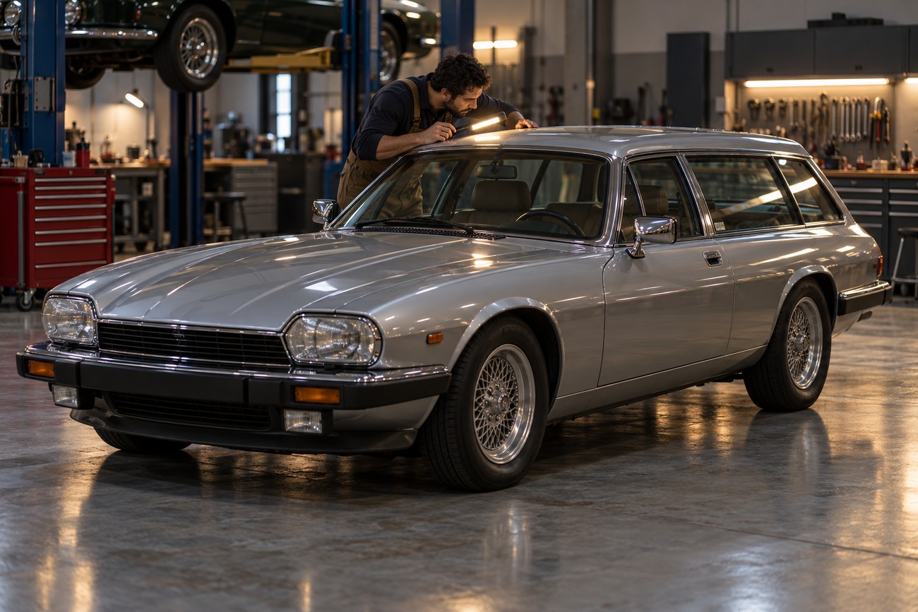 A mechanic inspecting the roof of a silver Lynx Eventer XJS shooting brake in a workshop