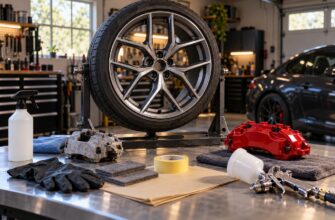 Car wheel on a stand and a red painted brake caliper with tools on a metal workbench in a garage