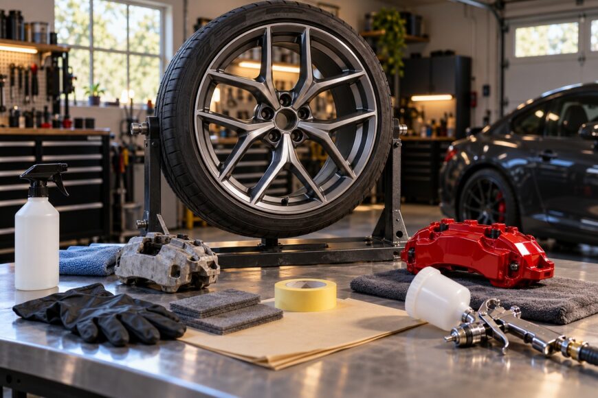 Car wheel on a stand and a red painted brake caliper with tools on a metal workbench in a garage
