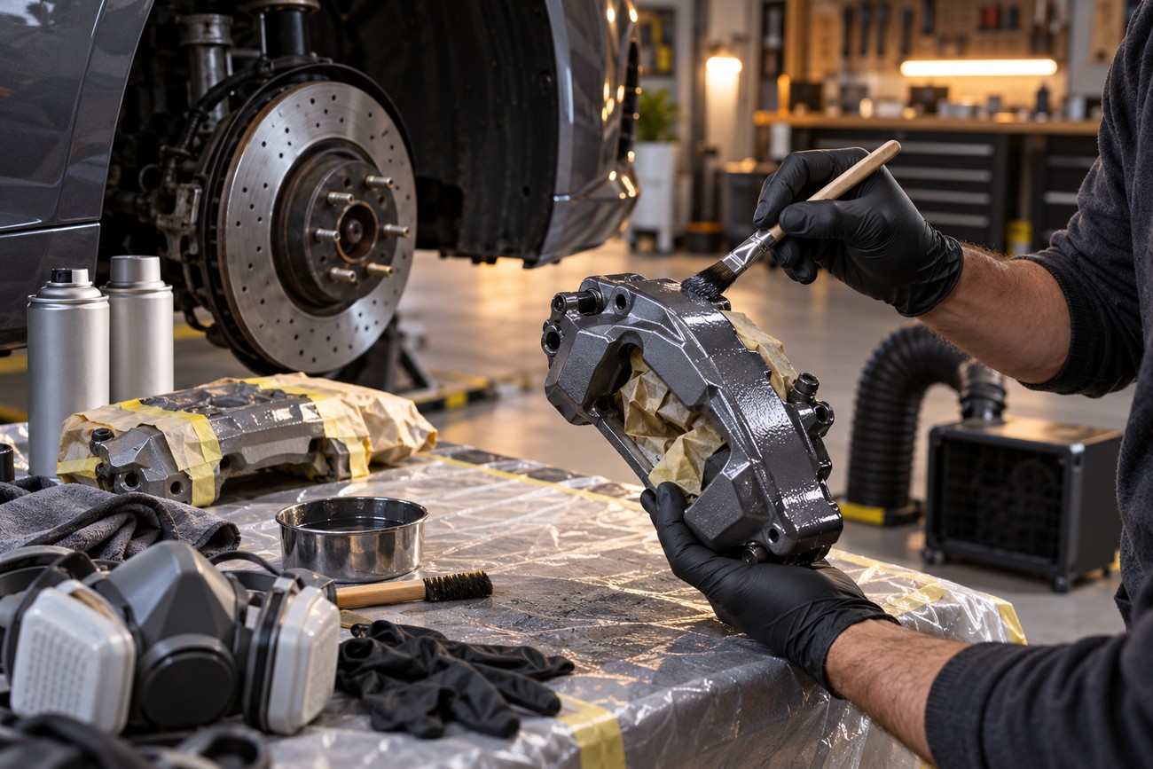 A mechanic in black gloves applies paint with a small brush to a car brake caliper on a workbench in a garage