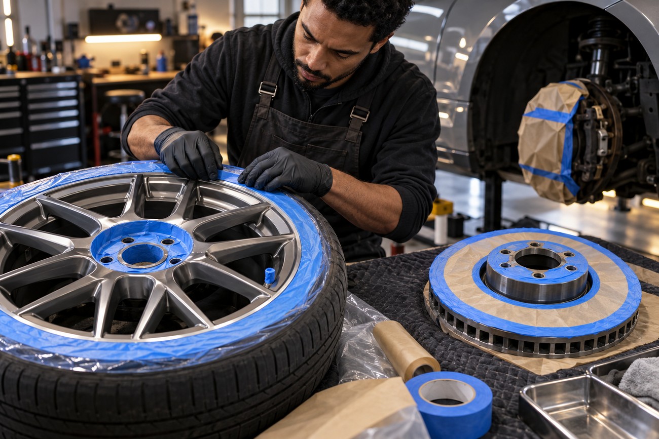 A mechanic wearing black gloves applies blue masking tape to a car wheel rim in a garage