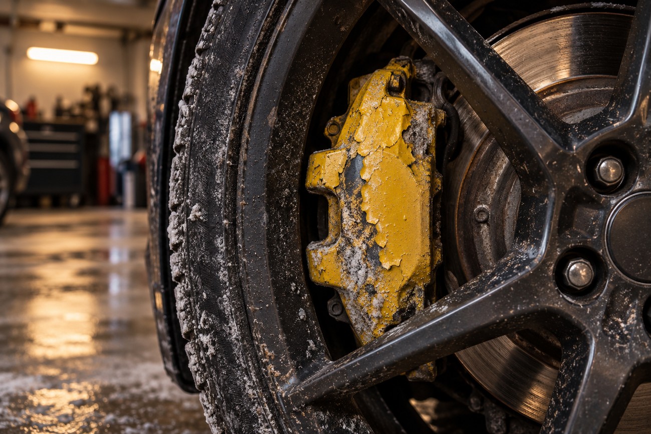 Close-up of a dirty car wheel with a chipped and peeling yellow brake caliper in a garage