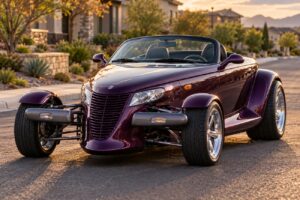 A purple Plymouth Prowler factory hot rod parked on a sunny suburban street with exposed front wheels