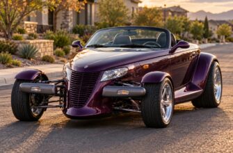 A purple Plymouth Prowler factory hot rod parked on a sunny suburban street with exposed front wheels