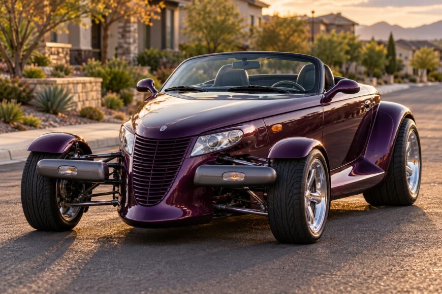 A purple Plymouth Prowler factory hot rod parked on a sunny suburban street with exposed front wheels