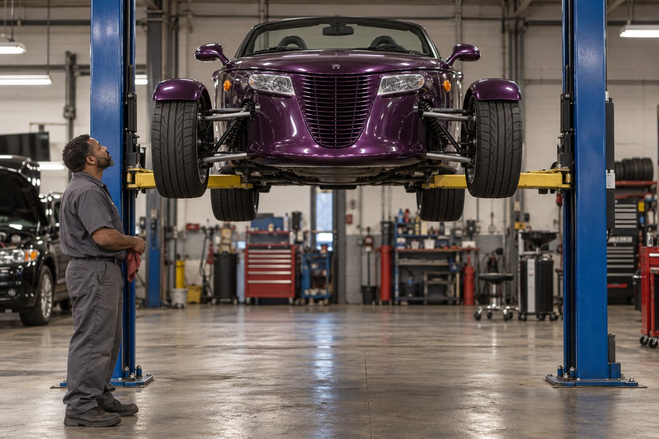 A mechanic looking up at a purple Plymouth Prowler hot rod lifted on a hydraulic hoist in a garage