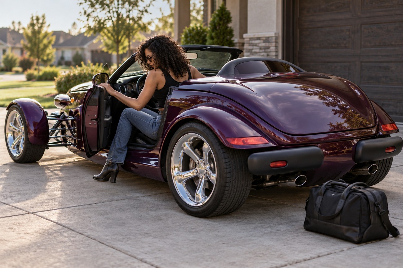 A woman with curly hair getting into a purple Plymouth Prowler convertible parked in a driveway with a duffel bag on the ground