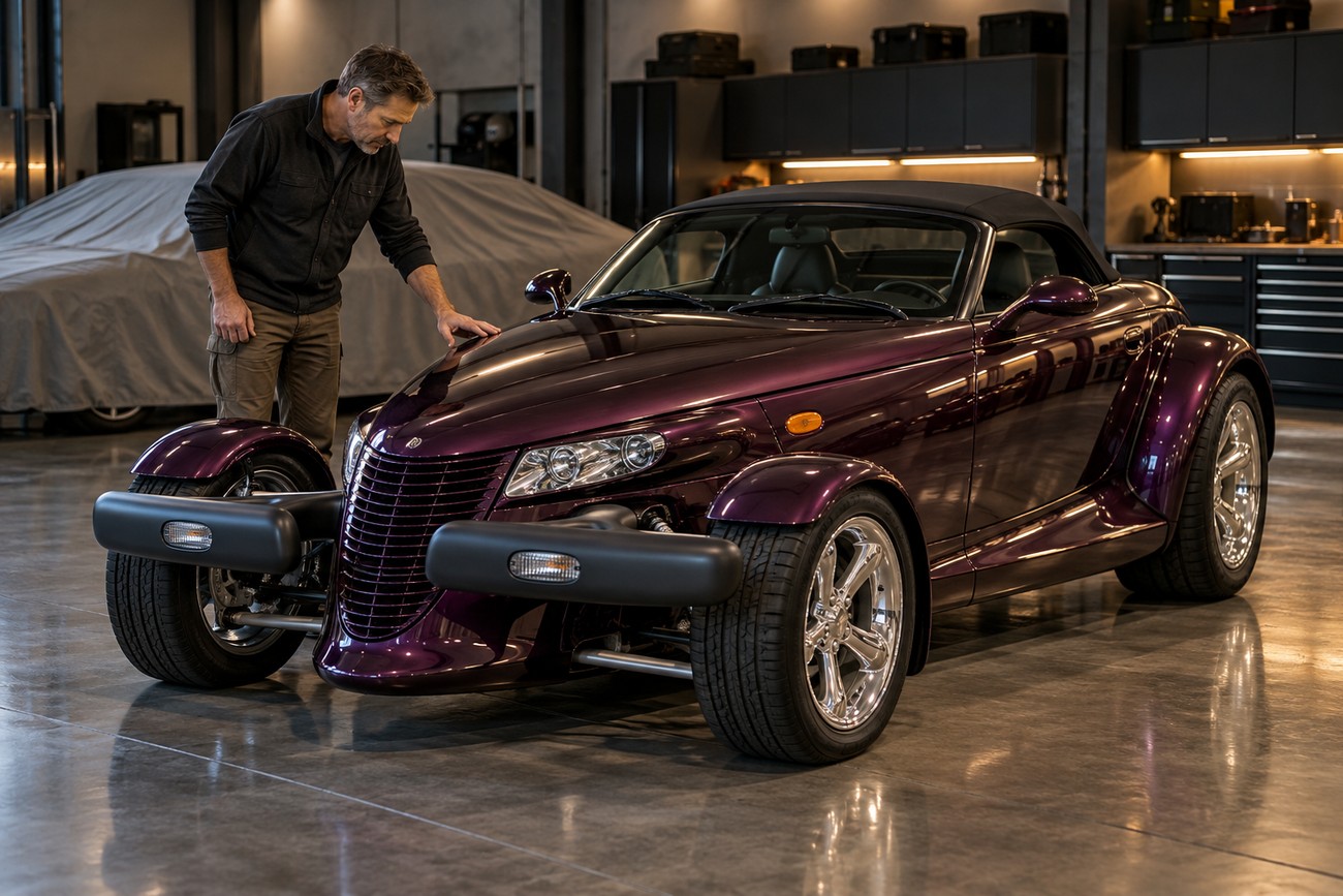A man in a dark shirt looking at and touching the hood of a glossy purple Plymouth Prowler parked inside a well-lit garage